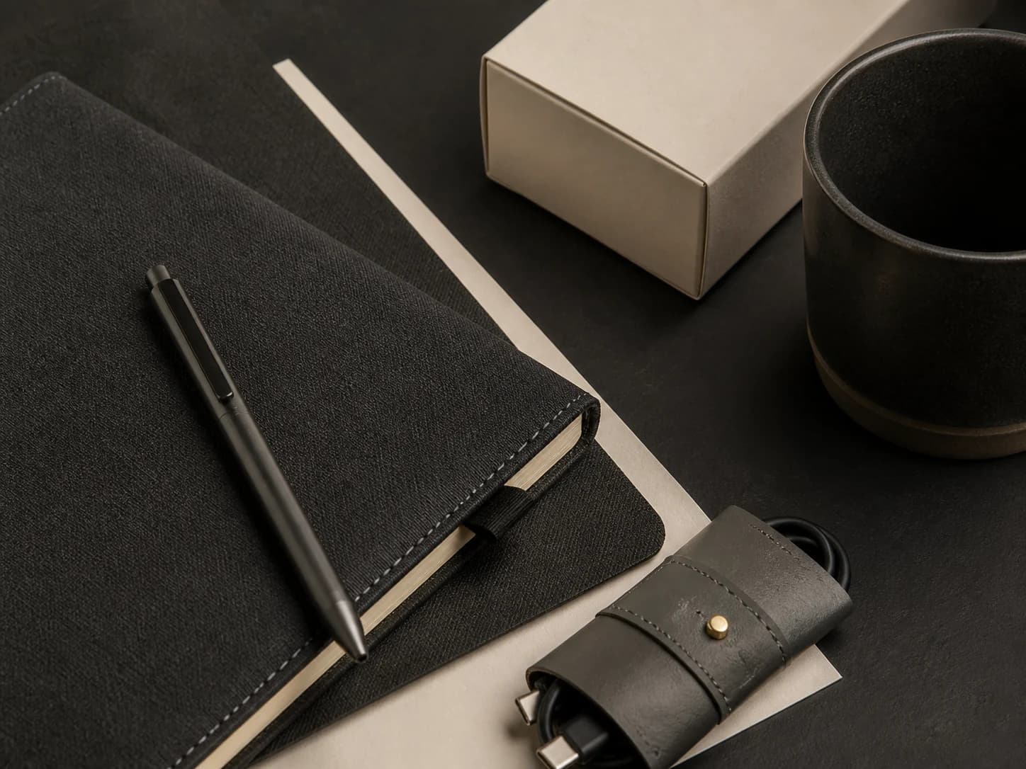 Close view of notebook, pen, cable organiser and presentation box