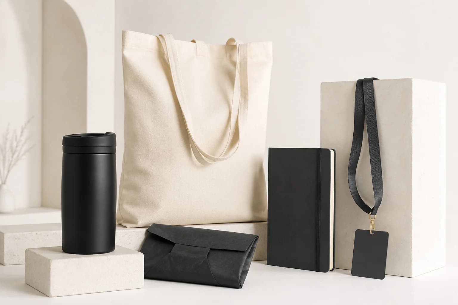 Event gifting arrangement with tumbler, tote, notebook and blank lanyard