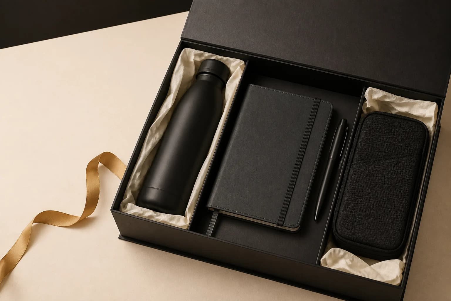 Open corporate gift box with bottle, notebook, pen and tech organiser