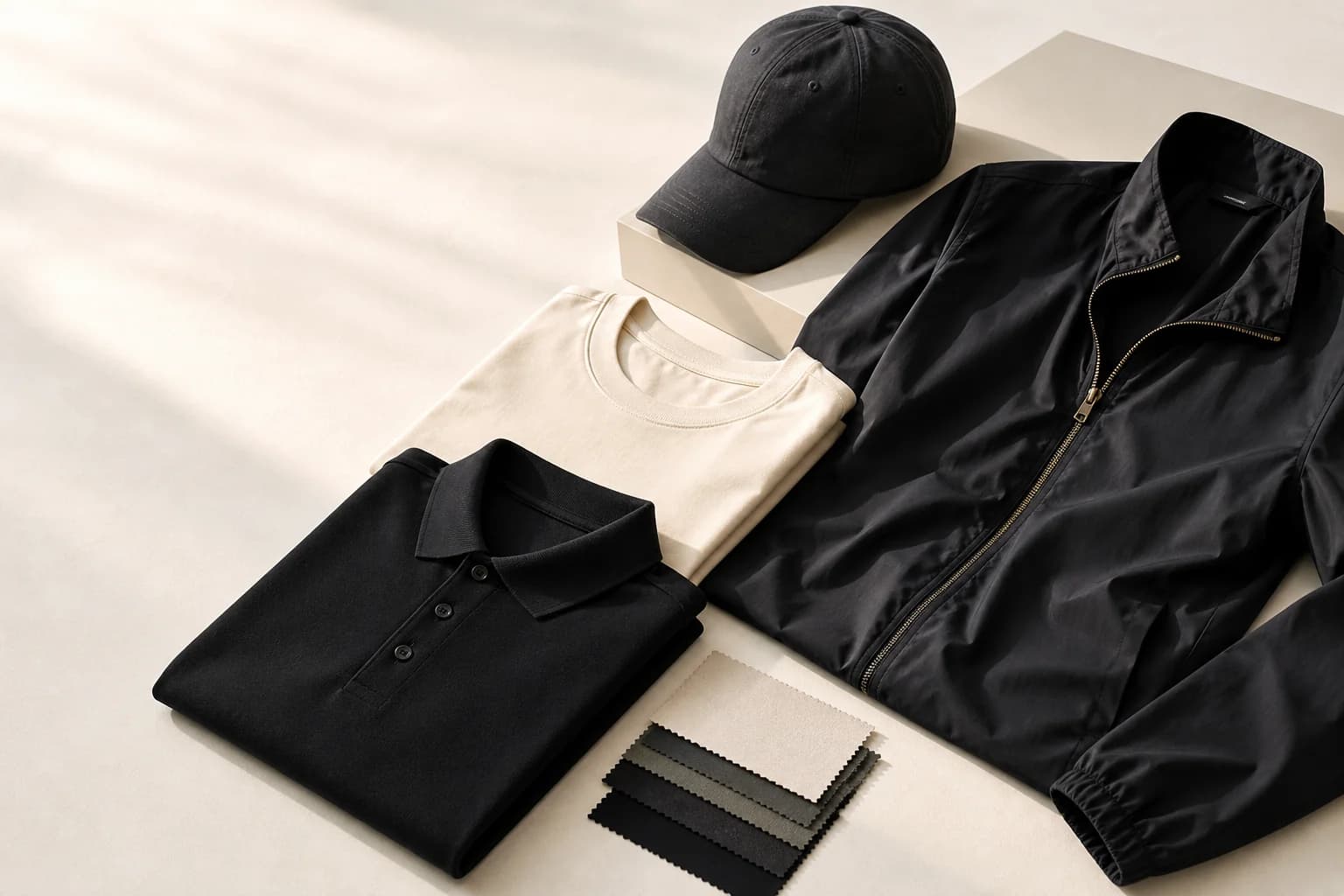 Black polo, cream T-shirt, cap and jacket arranged for custom corporate apparel