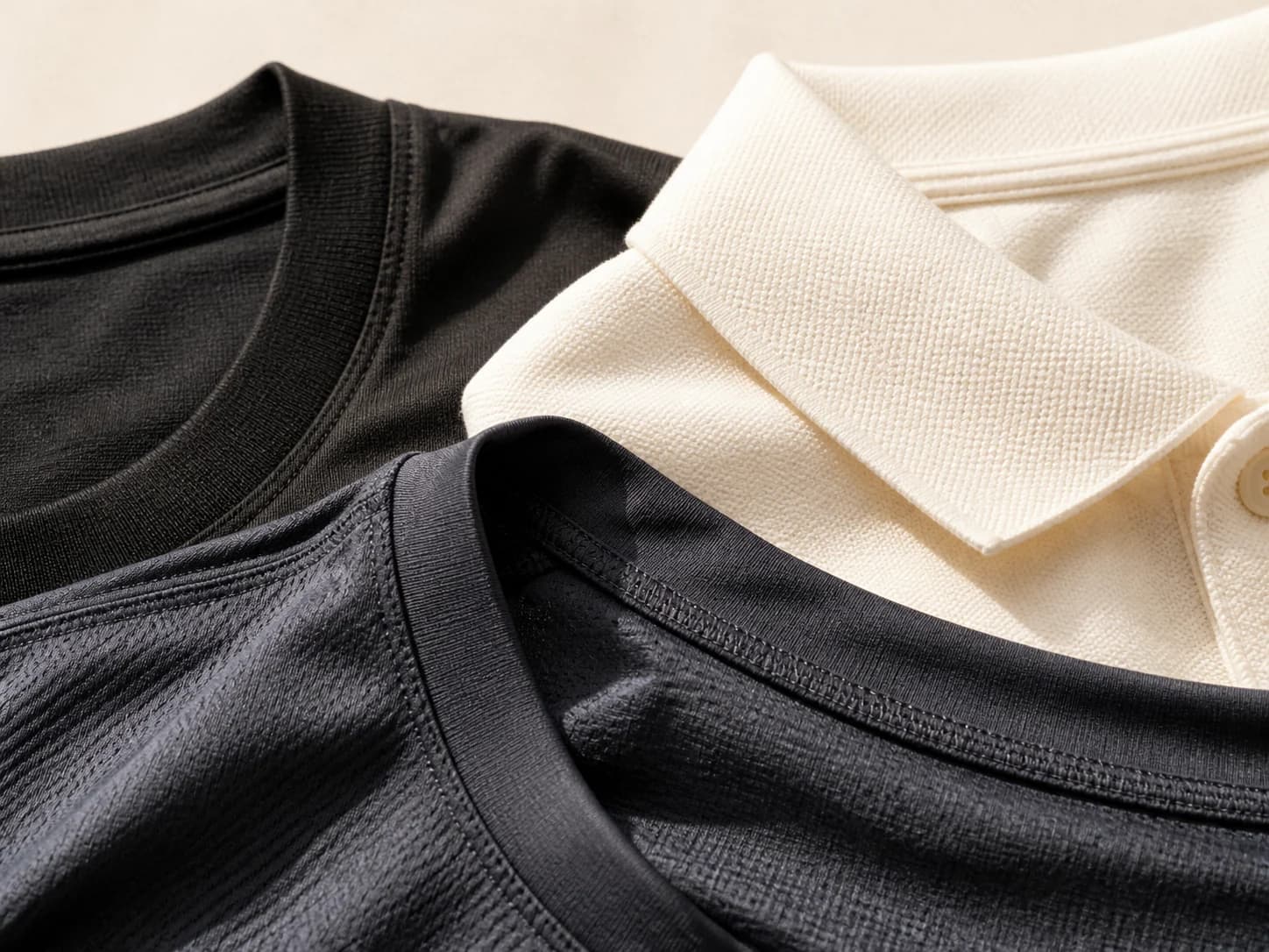 Close view of round-neck, polo and performance fabric collars