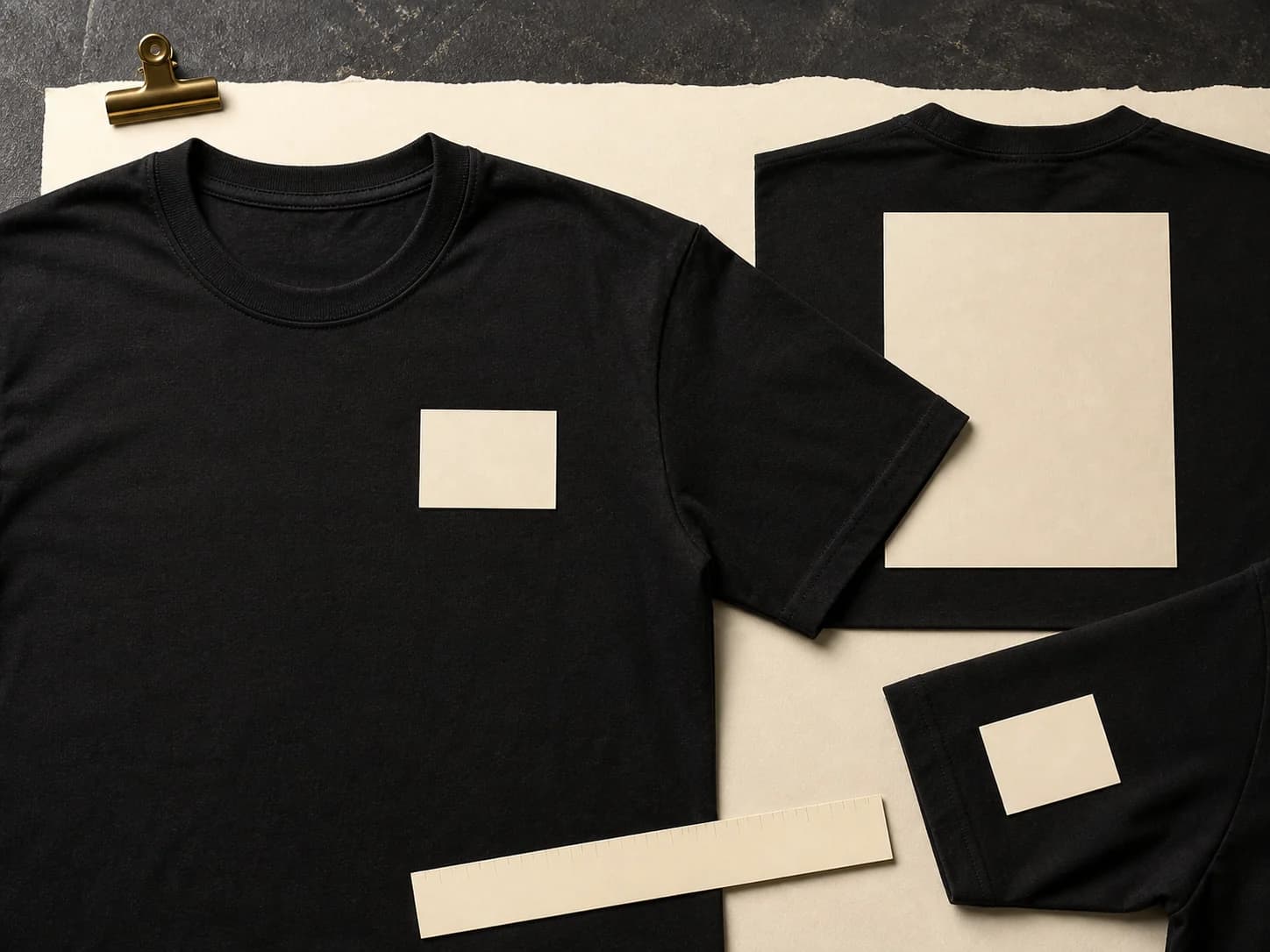 Black T-shirts with blank guides showing front, back and sleeve branding positions