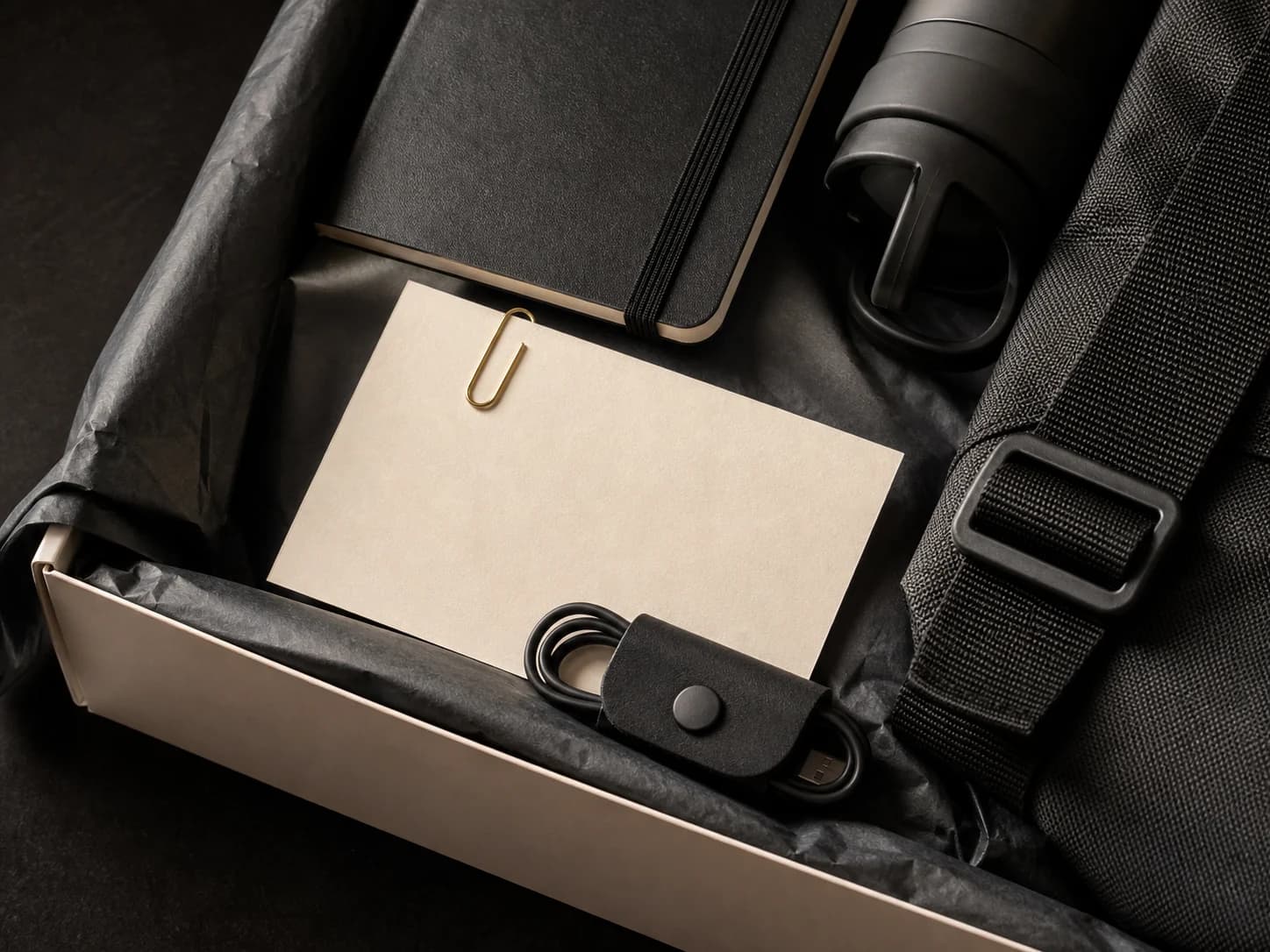 Close view of welcome-kit packaging with notebook, bottle, card and bag strap